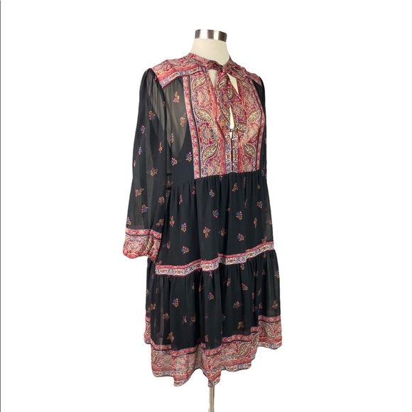 Joie Dresses & Skirts - Joie L Black Paisley Sheer Tie Neck Tiered Dress Lined Peasant Boho Tassels
